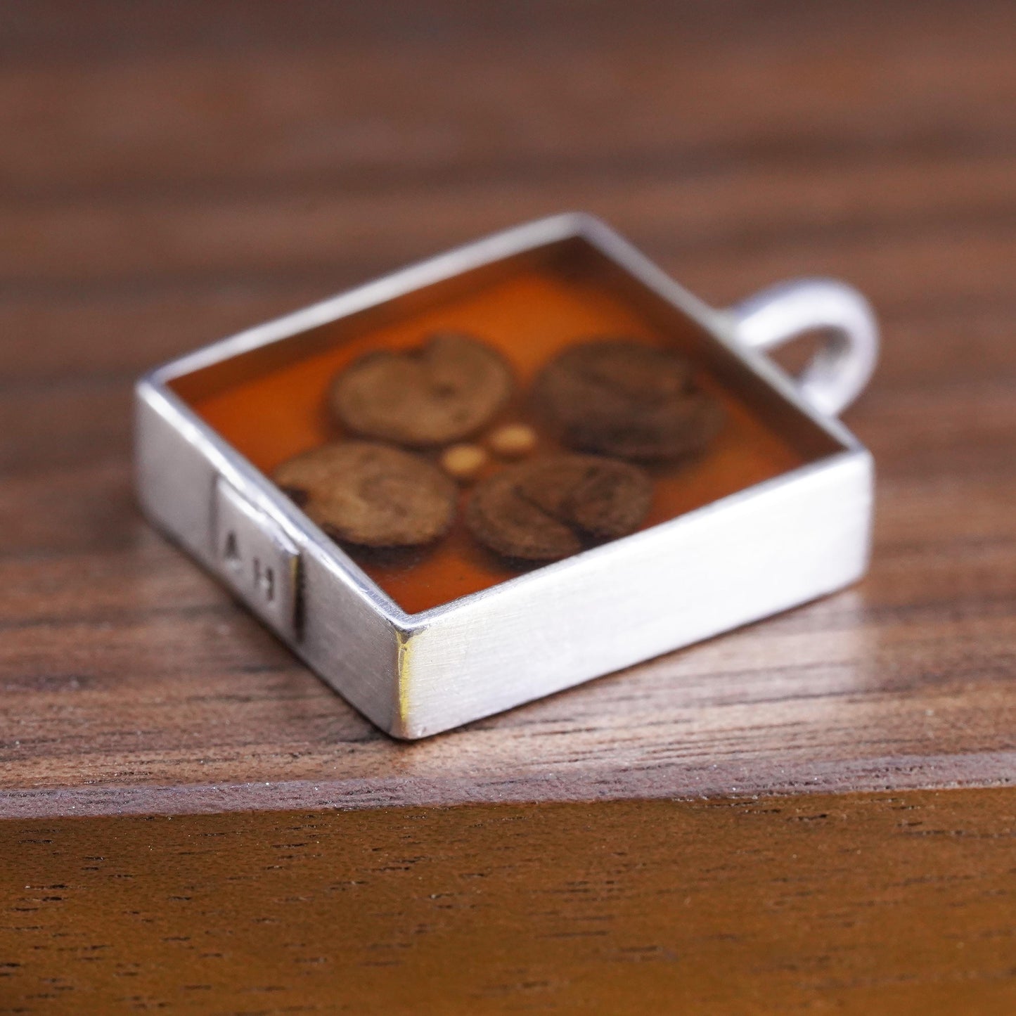 Vintage matte Sterling 925 silver square shaped pendant with resin flower