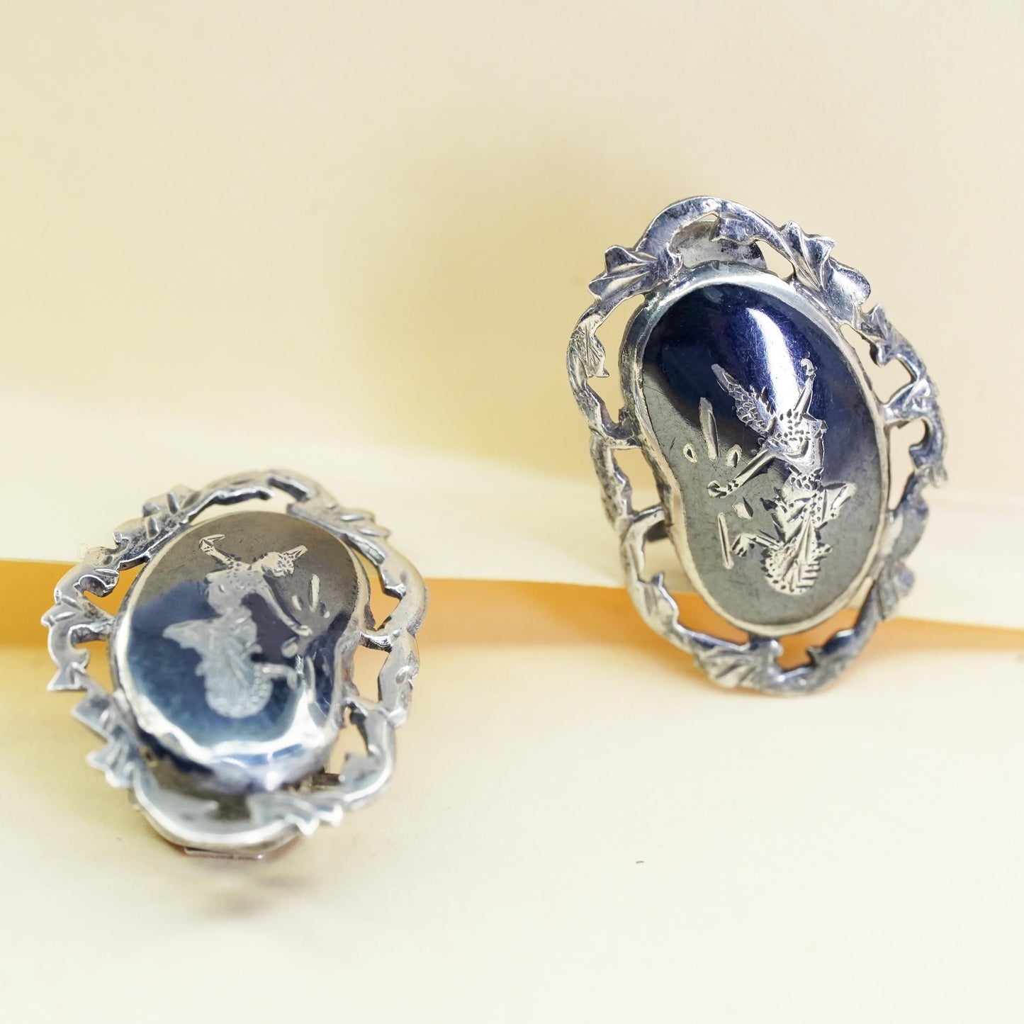 Vintage Sterling silver handmade earrings, oxidized 925 clip on Indian goddess