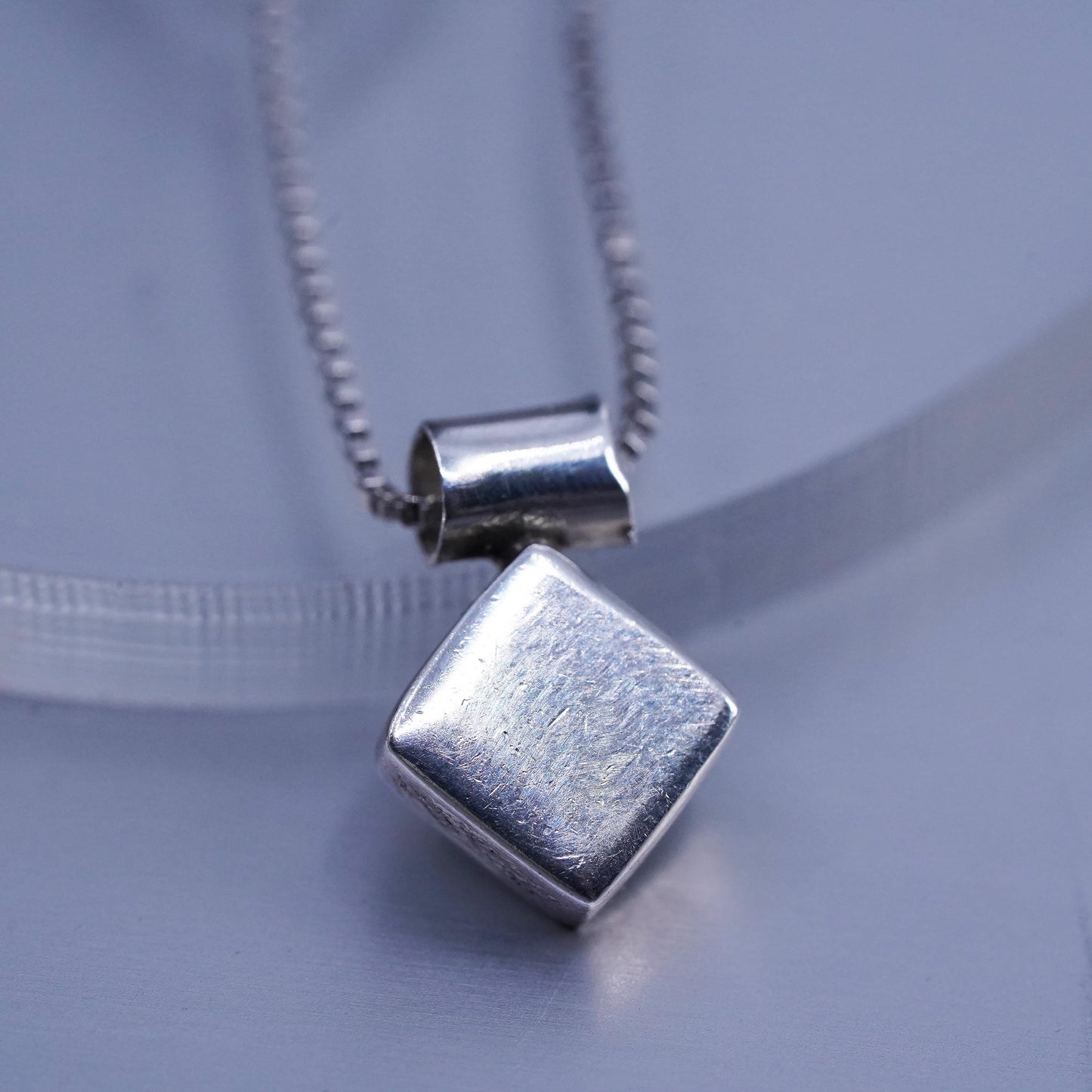 18” 1mm, Vintage Sterling silver necklace, box chain with 925 square pendant
