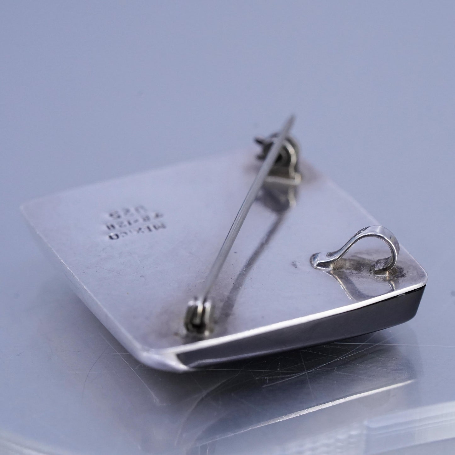 Vintage Mexican Sterling 925 silver handmade square brooch, pendant with onyx