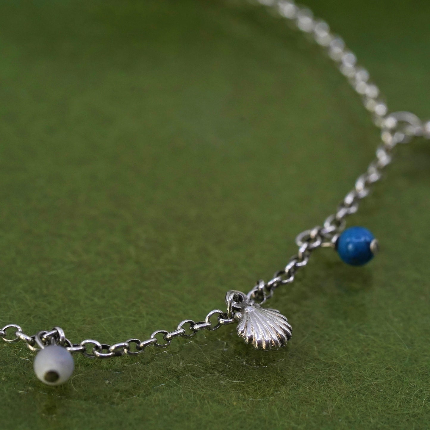 9.75”, sterling silver anklet bracelet, 925 circle shell charm sodalite beads