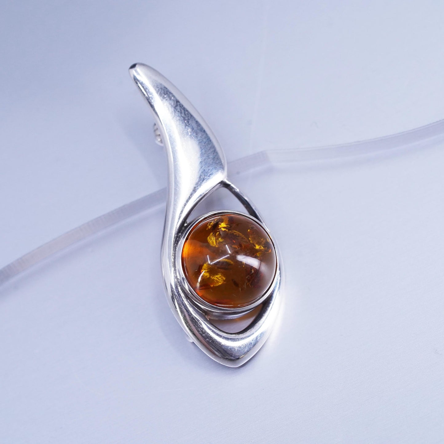 Vintage modernist Sterling 925 silver handmade brooch, pin with amber