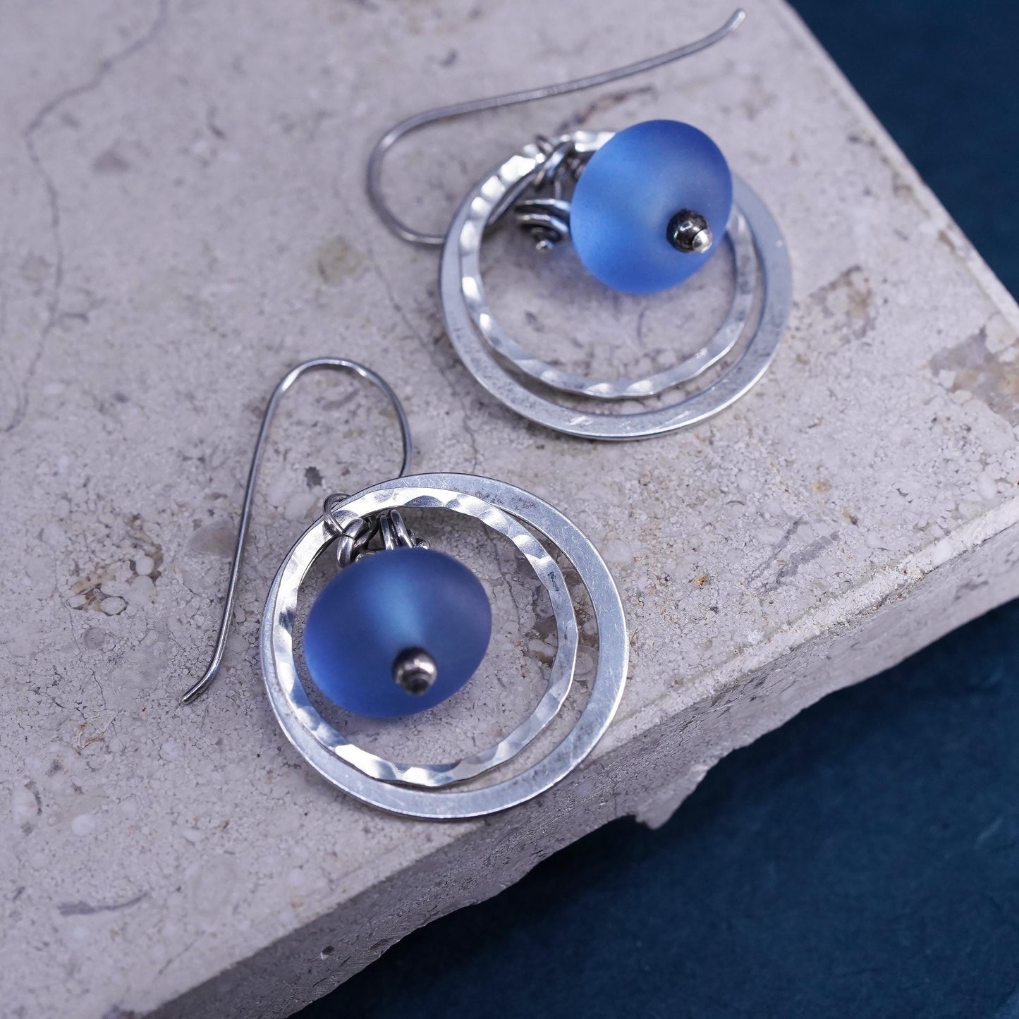 Vintage Sterling 925 silver handmade double circle earrings w/ blue glass bead
