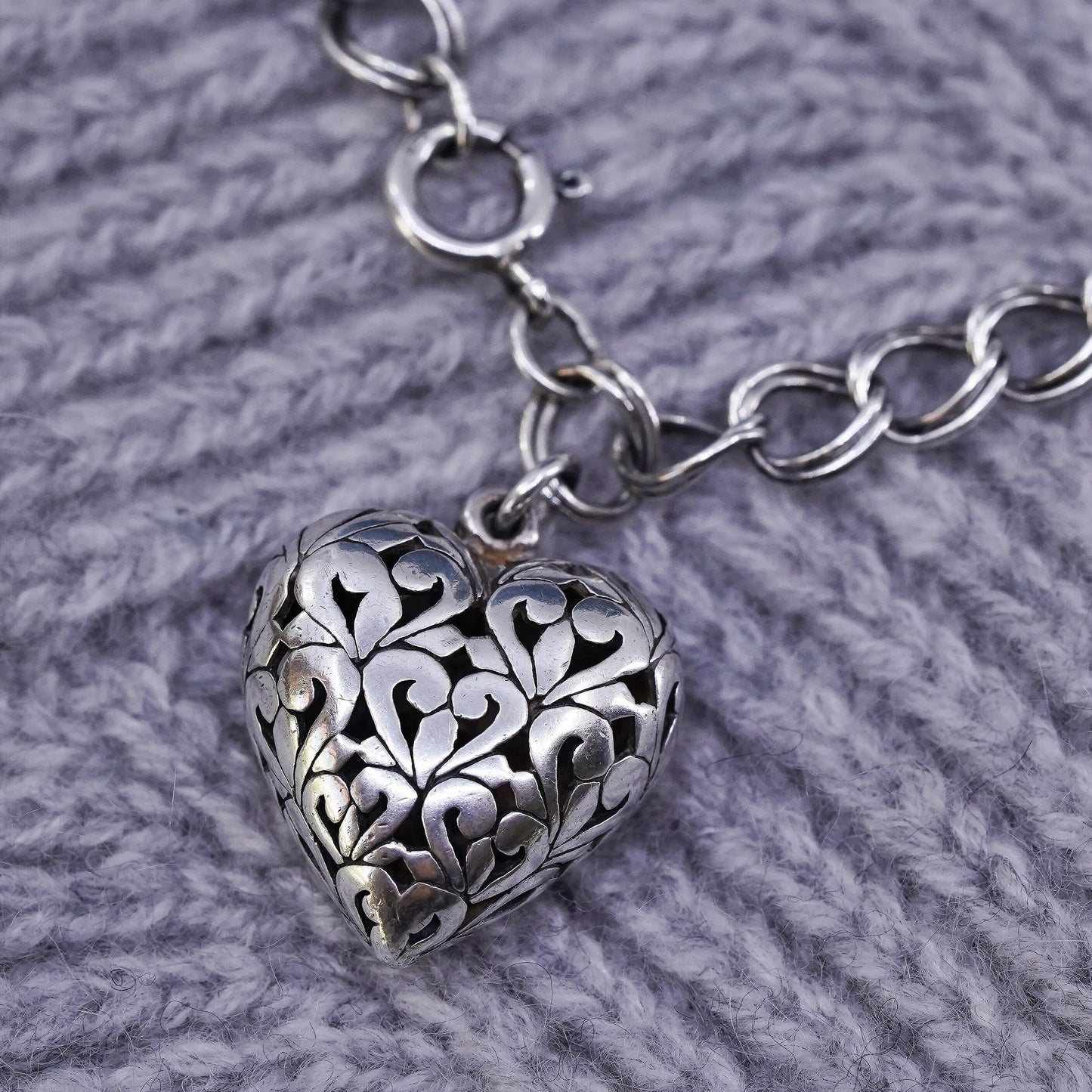 7.5", Sterling silver bracelet, 925 double curb chain with filigree heart charm