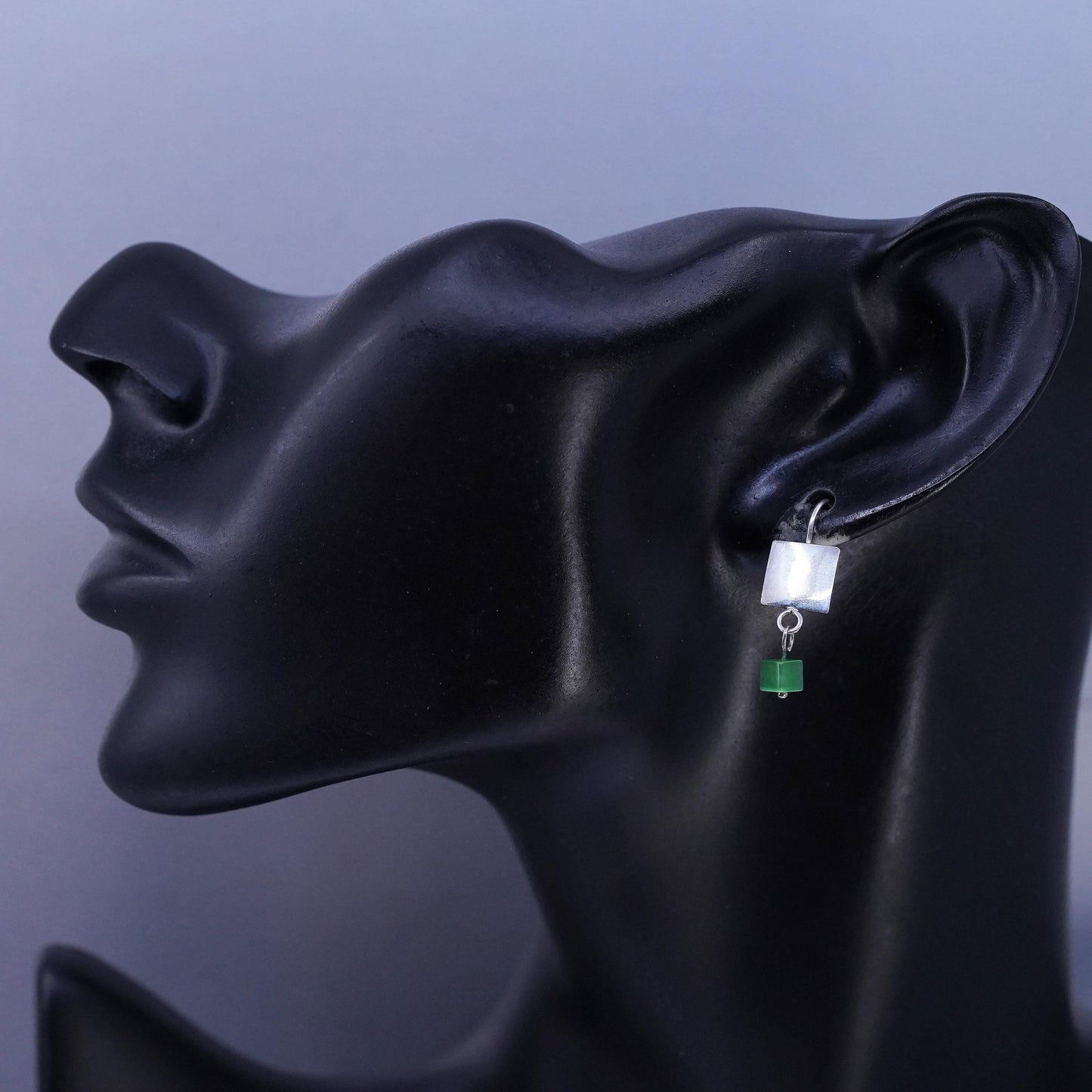 Vintage Sterling 925 silver earrings with square disc and green cat eye dangles