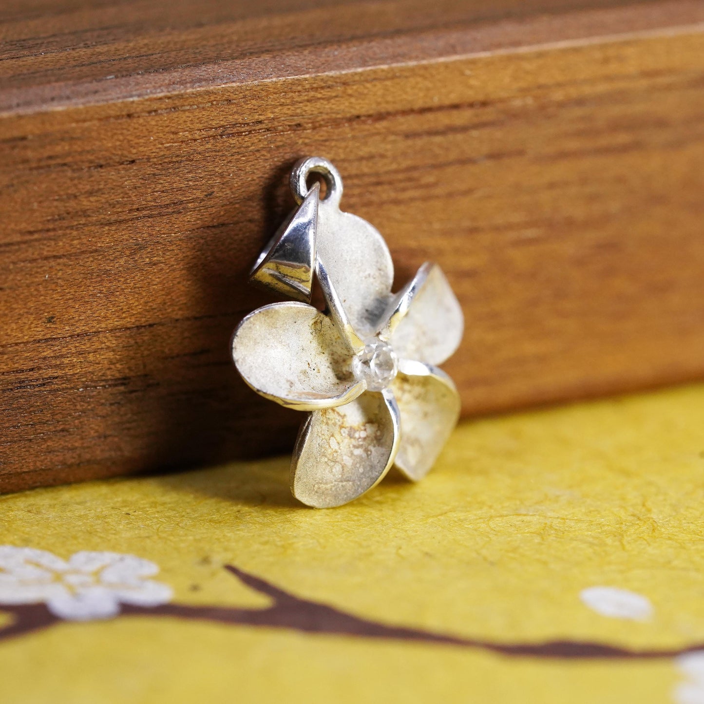Vintage Sterling 925 silver handmade plumeria flower pendant and cz