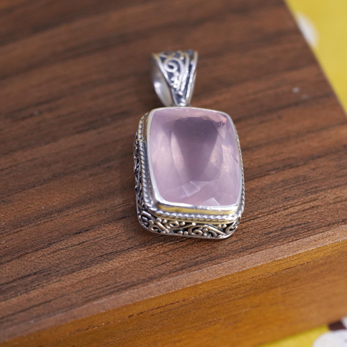 Vintage Sterling silver handmade pendant, textured 925 emerald cut pink quartz