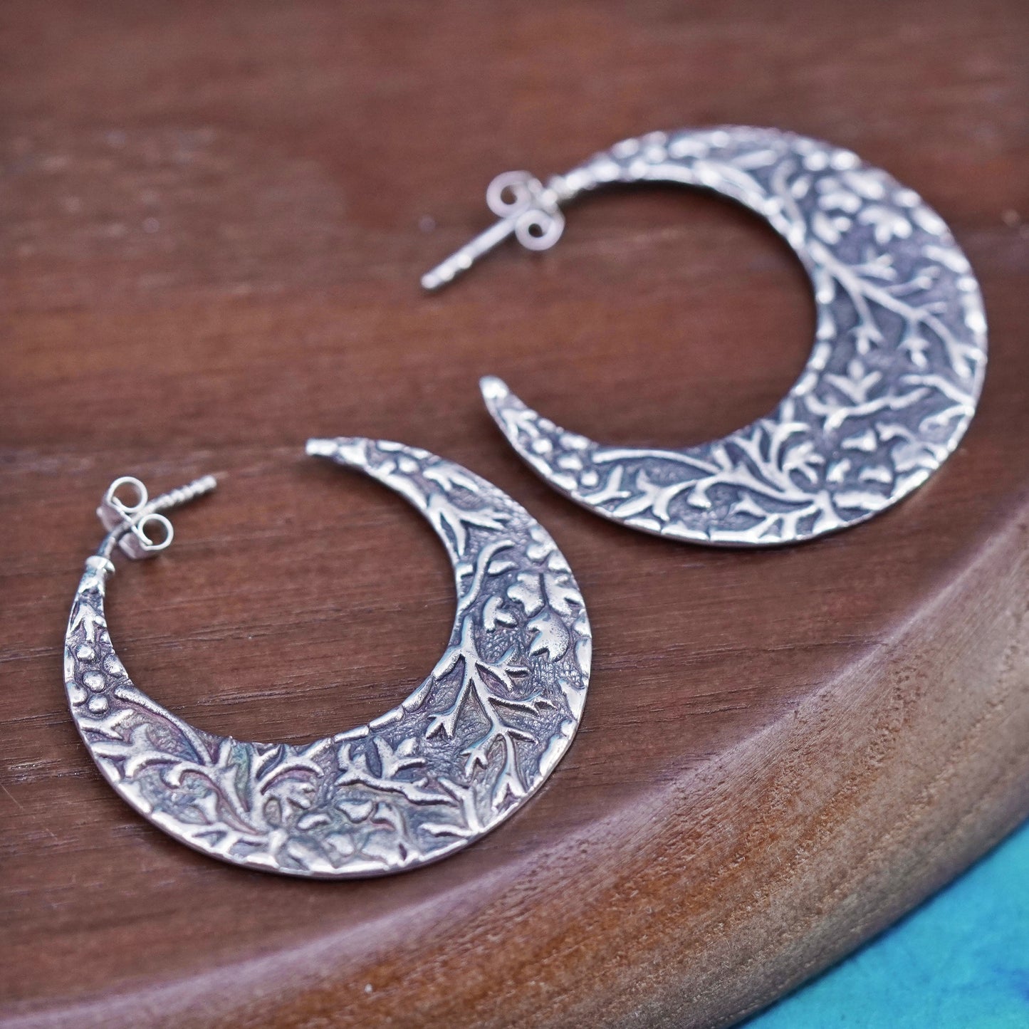 1.25”, vintage Sterling silver handmade earrings, textured 925 huggie studs
