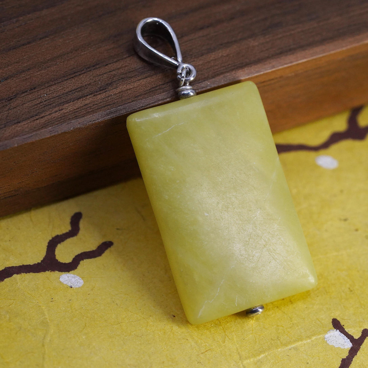 Vintage Sterling silver pendant, solid 925 silver bail with rectangular shaped jade