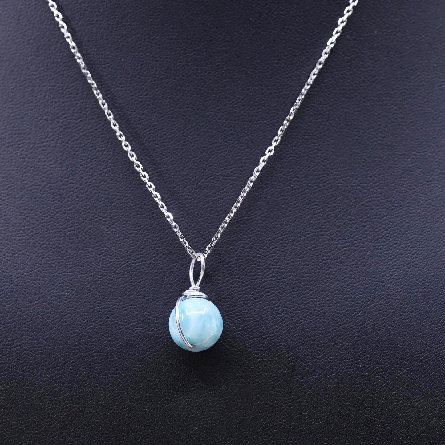 16", vintage Sterling silver necklace, 925 circle chain larimar bead pendant