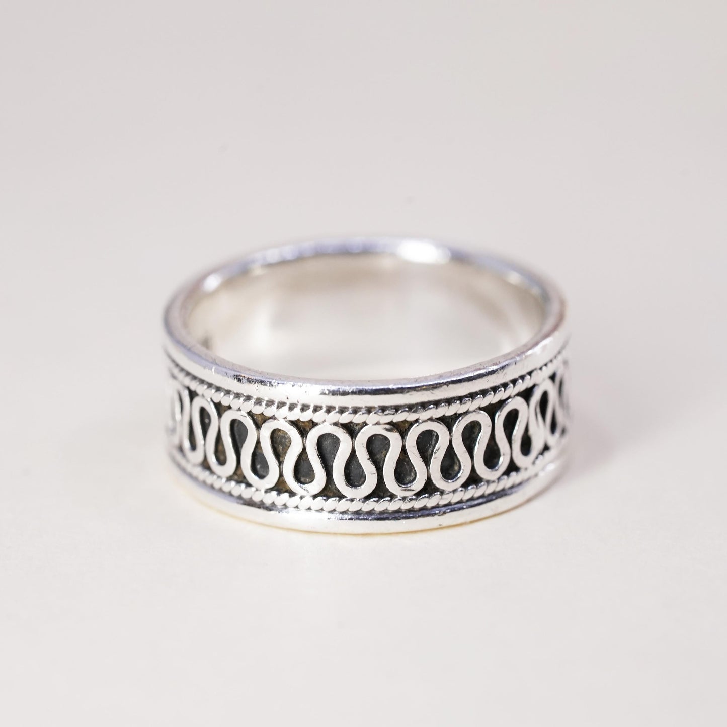 Size 9.25, vintage Sterling 925 silver handmade ring band with woven texture
