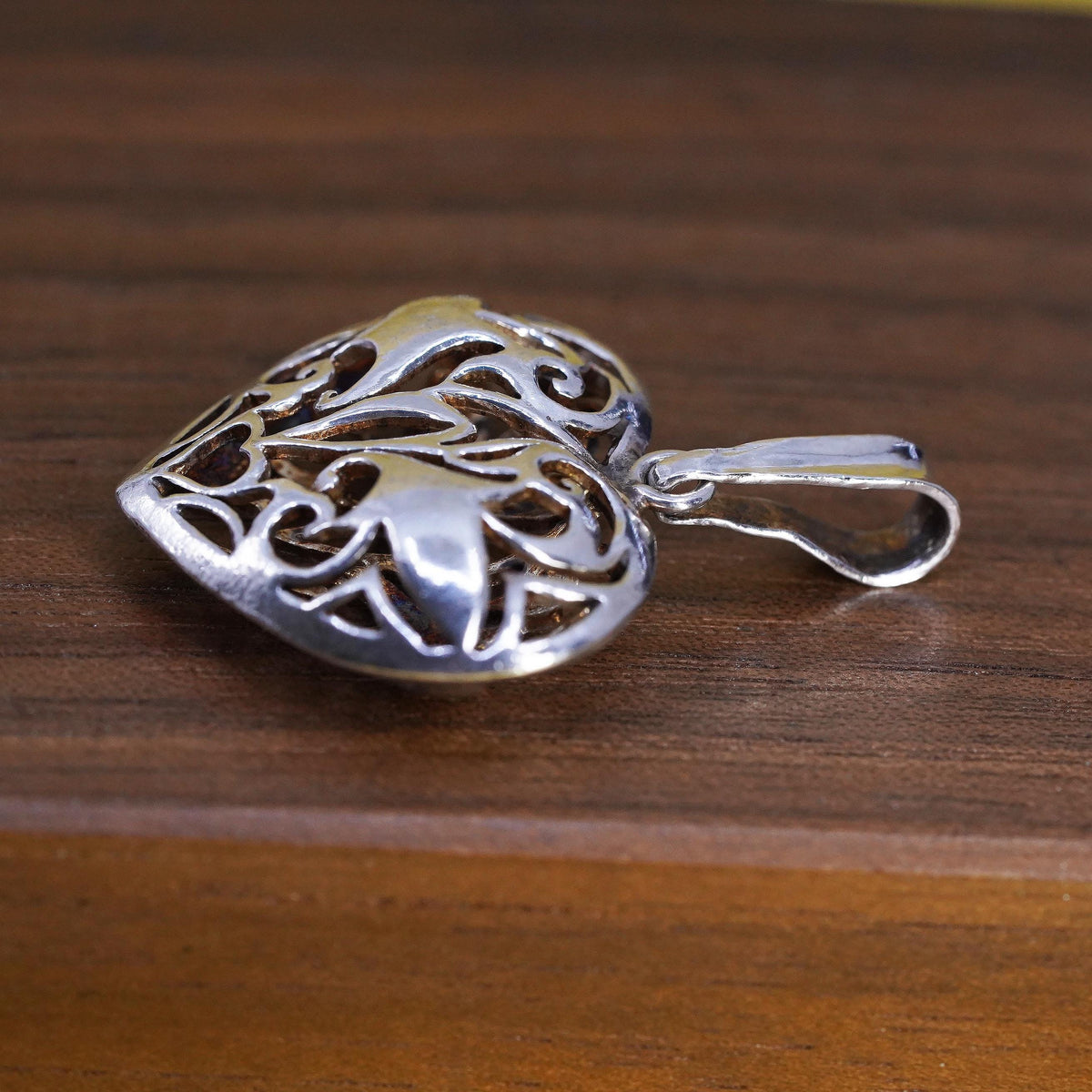 925 Sterling Silver Puffy Heart Double Sided Openwork Filigree Scroll Pendant