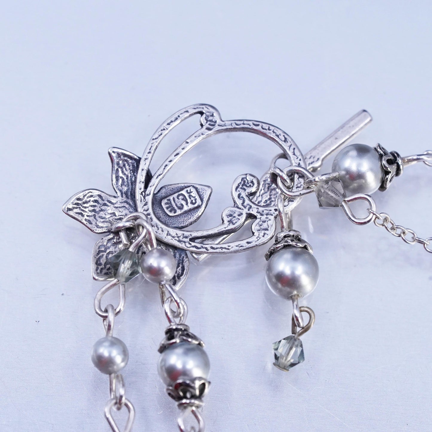 18” VTG double strands faux gray pearl necklace with 925 sterling Silver floral