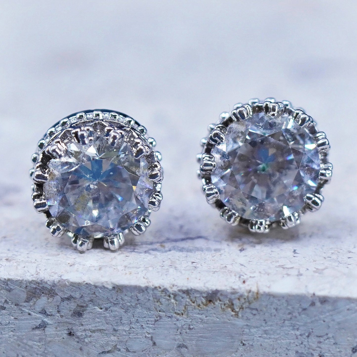 Vintage sterling silver handmade earrings, 925 studs with CZ inlay