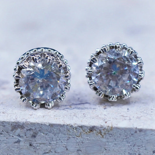 Vintage sterling silver handmade earrings, 925 studs with CZ inlay