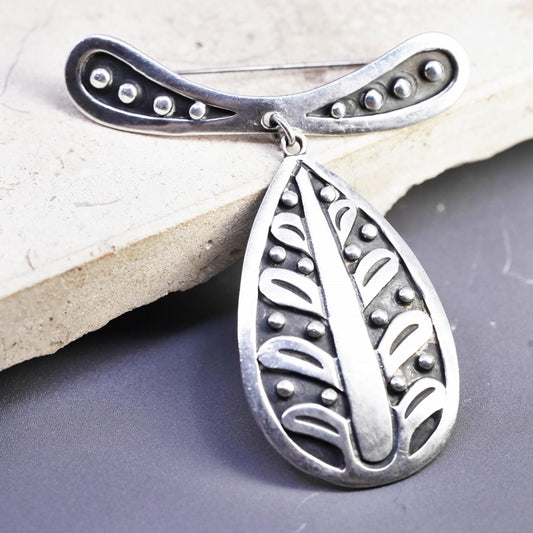 Vintage Mexican Taxco Sterling silver brooch, 925 pin w/ beaded teardrop dangle