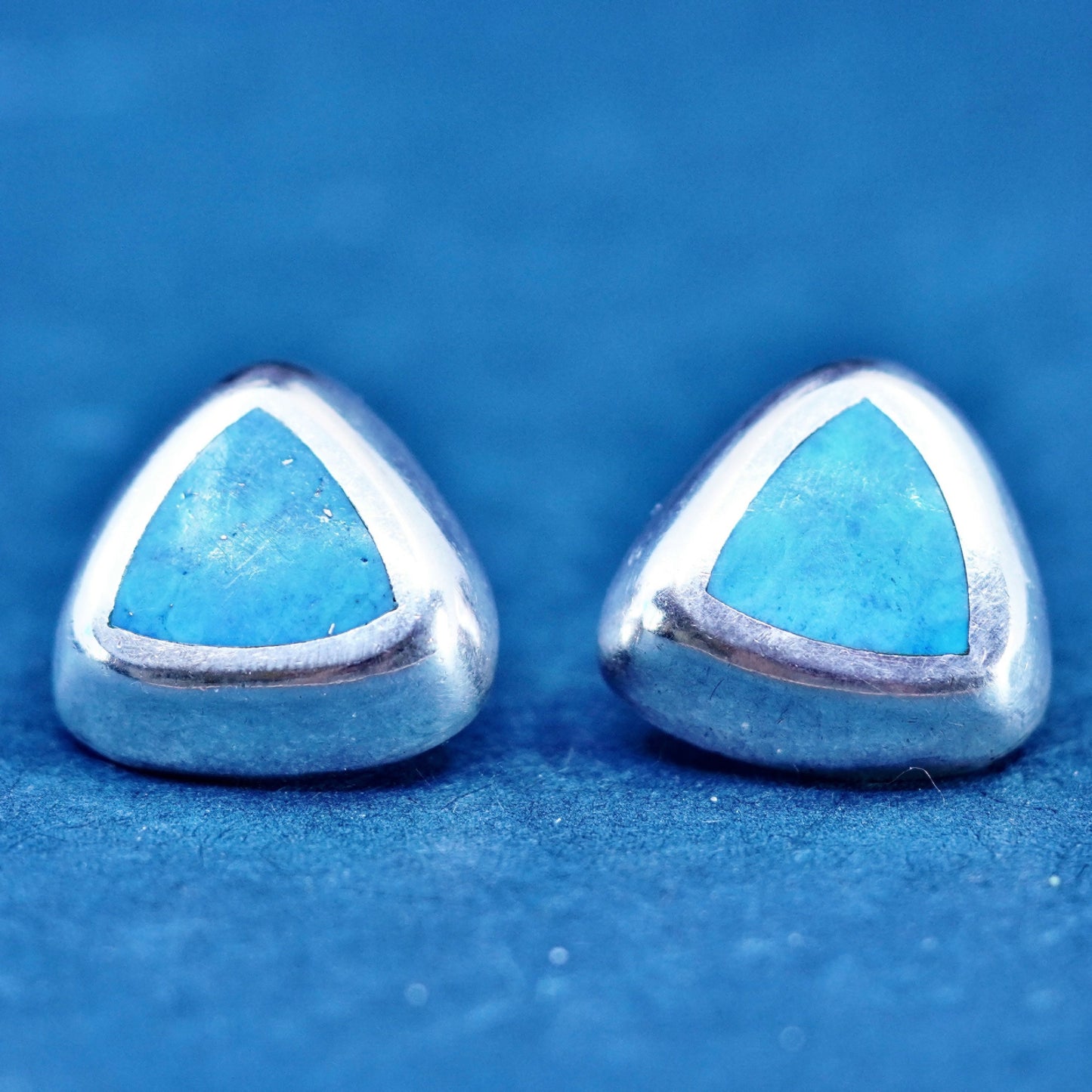 sterling silver handmade earrings, 925 triangular studs with denim lapis lazuli