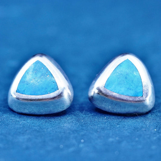 sterling silver handmade earrings, 925 triangular studs with denim lapis lazuli