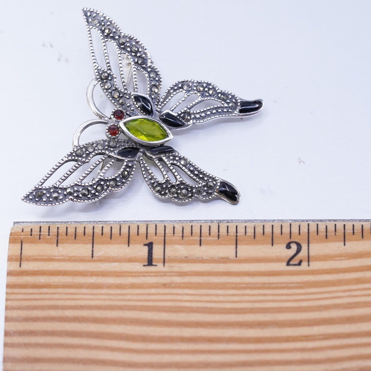 sterling silver brooch, 925 butterfly pin with peridot garnet and Marcasite