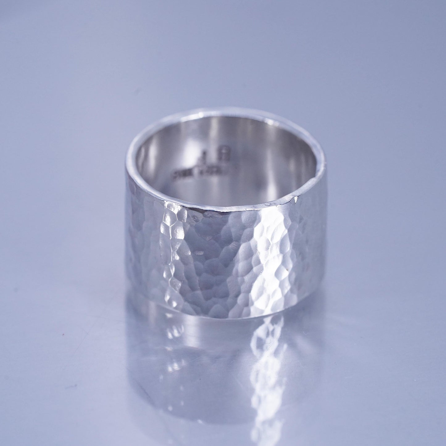 Size 8, 925 Sterling Silver Hammered Wide Band Cuff Ring Hard To Find Classic