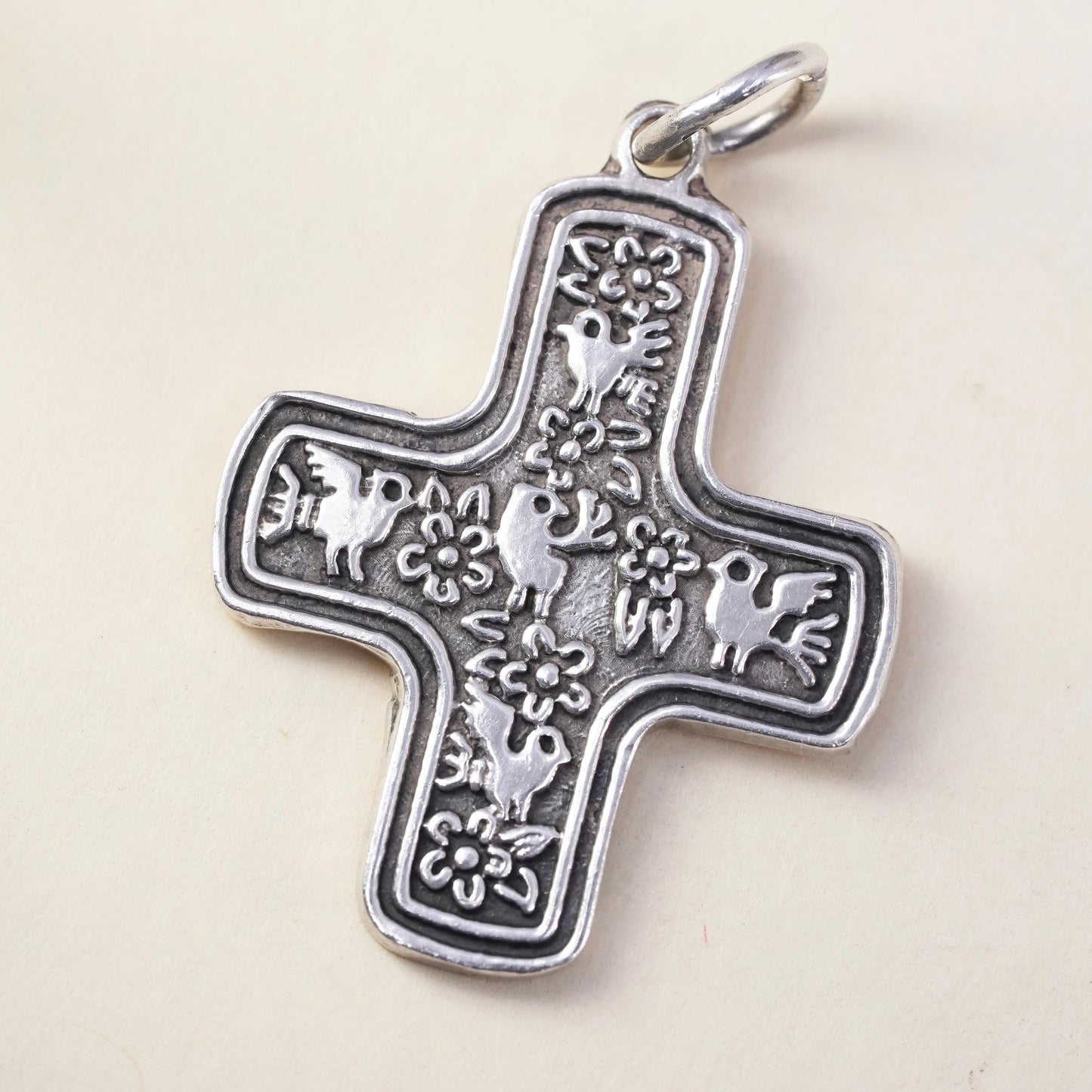 Vintage handmade Sterling silver pendant, 925 cross charm with rose flower