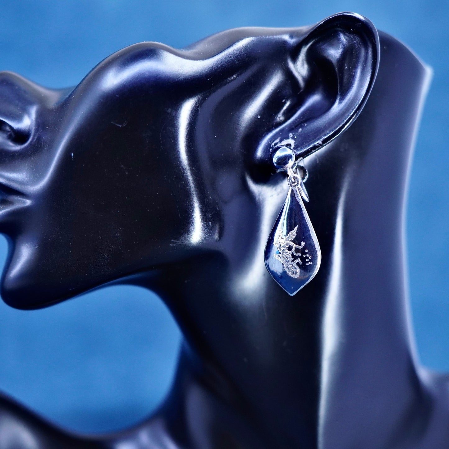 oxidized Sterling silver earrings, 925 screw back with Indian goddess teardrop
