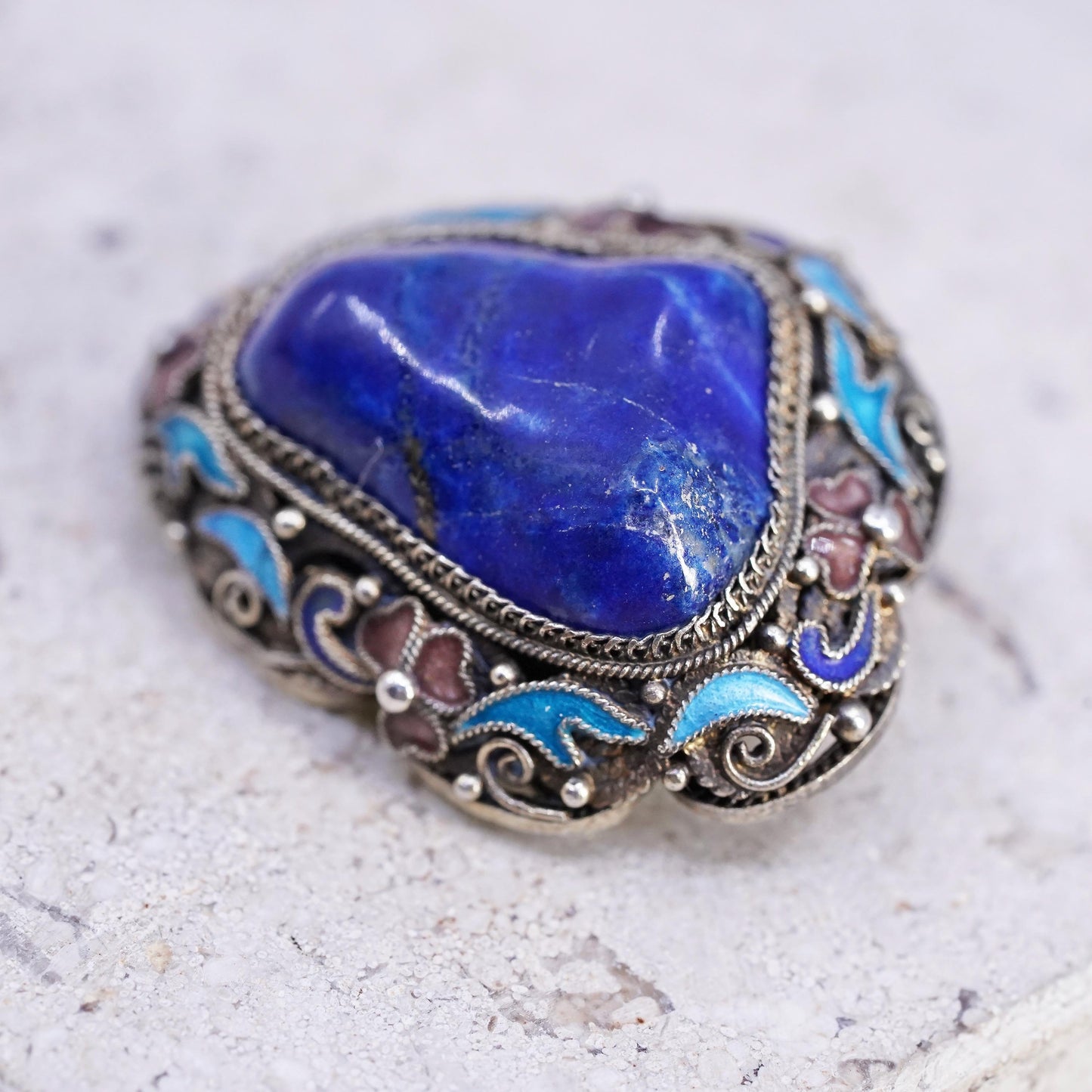 gold tone sterling silver brooch, 925 filigree pin with enamel and lapis lazuli