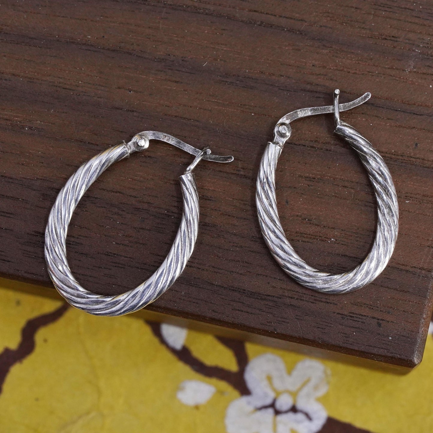 1”, Vintage simple Sterling silver handmade earrings, 925 textured oval hoops