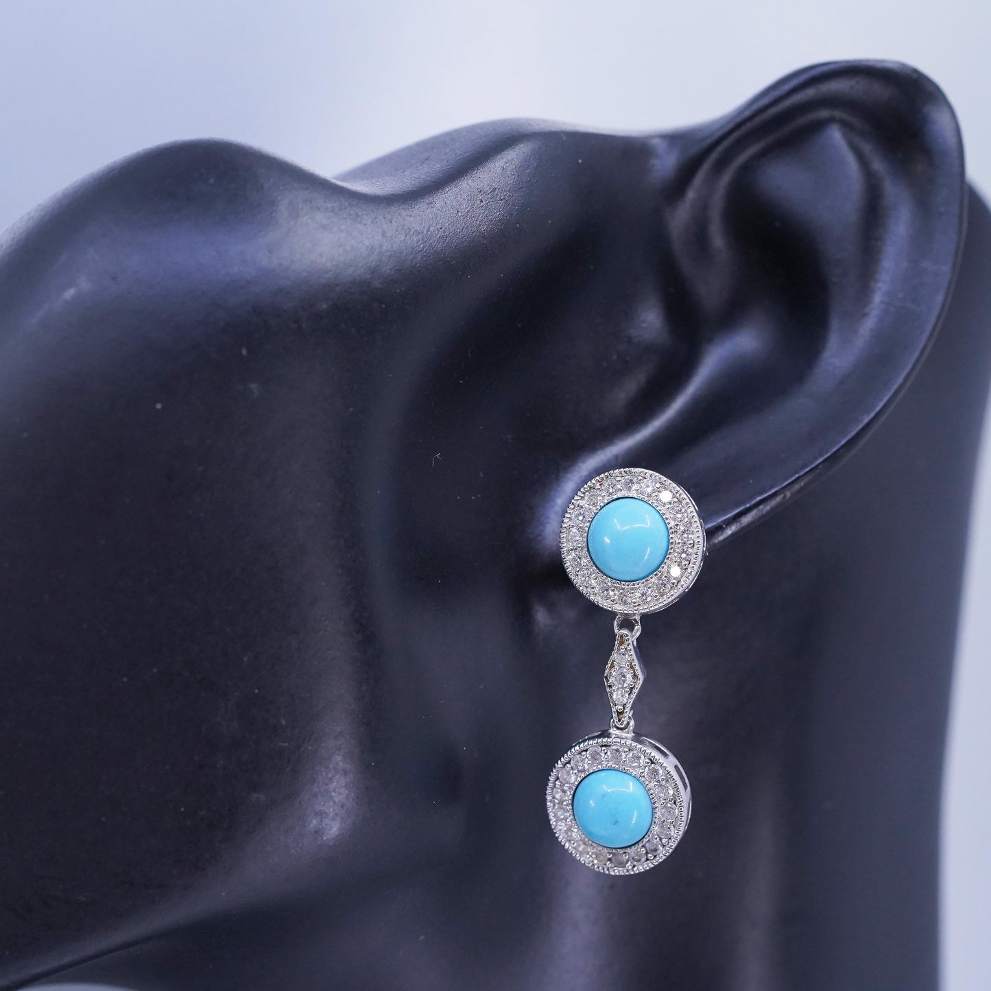Vintage Sterling 925 silver handmade earrings with turquoise and cluster Cz
