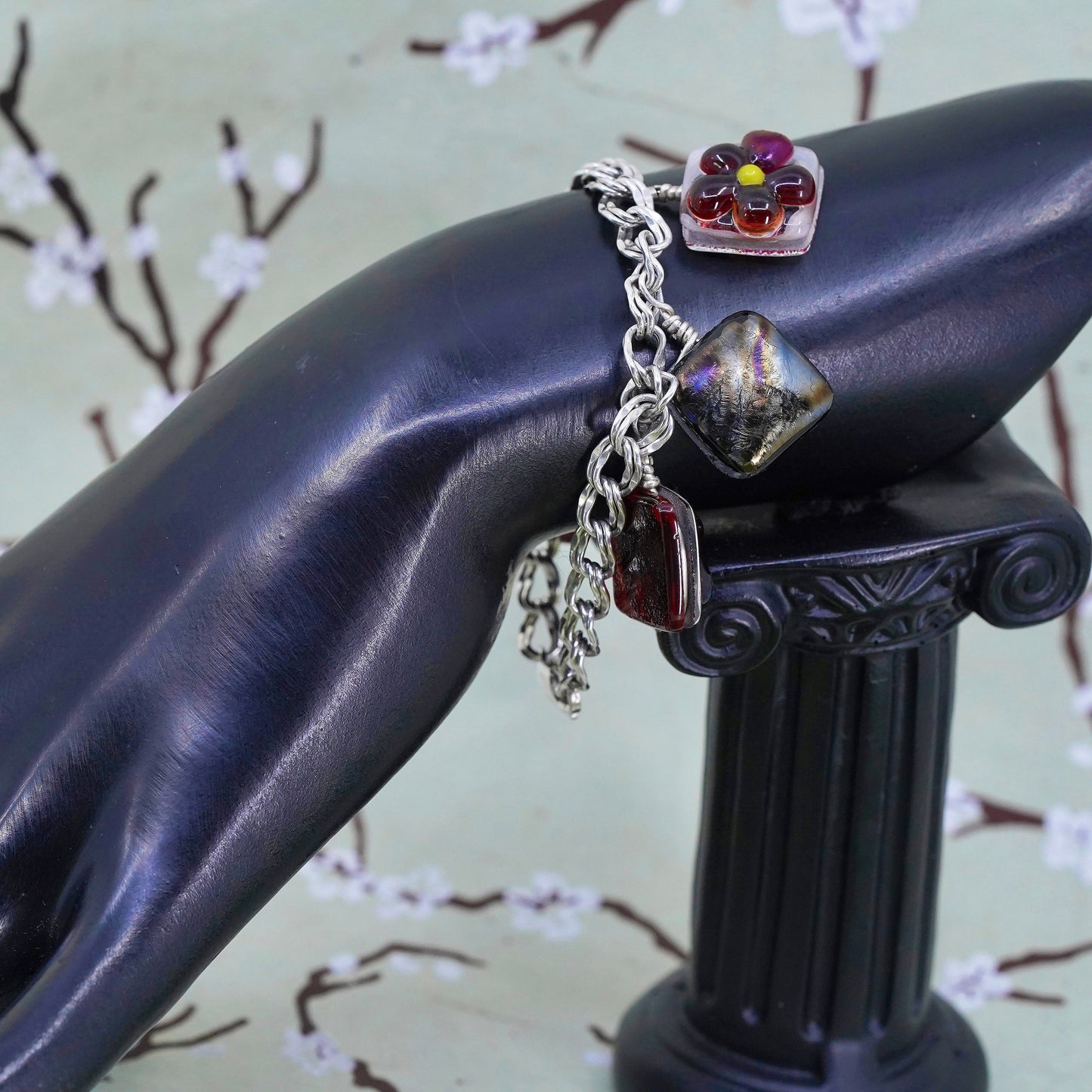 6.5”, Vintage sterling 925 silver double curb bracelet with flower glass charms