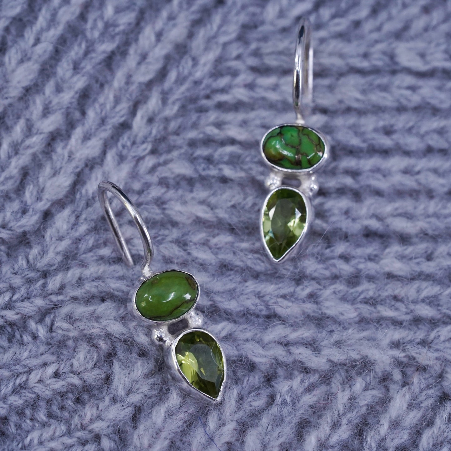 Vintage Sterling 925 silver handmade earrings with oval turquoise and peridot