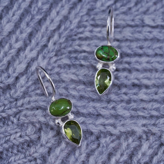 Vintage Sterling 925 silver handmade earrings with oval turquoise and peridot