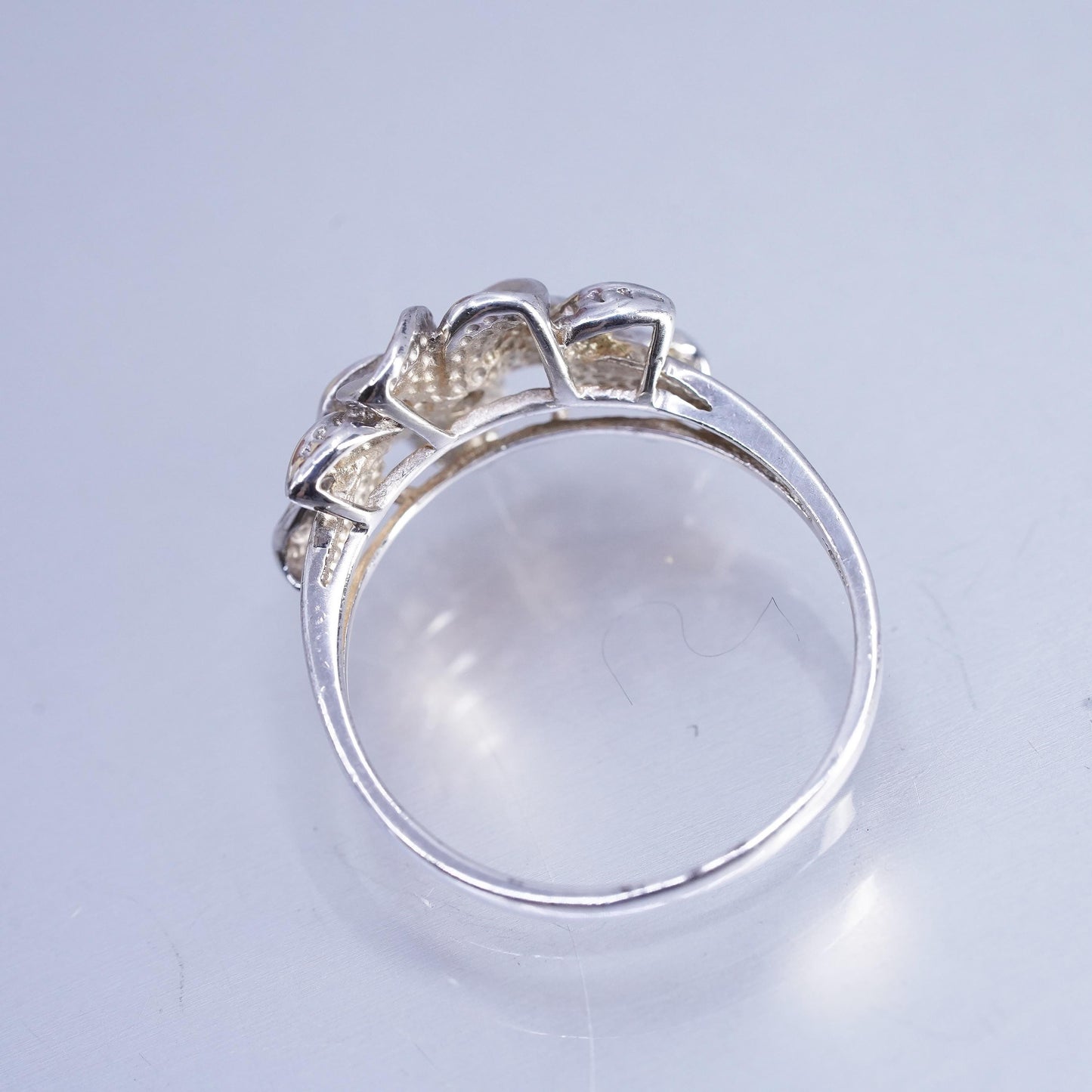 Size 9.5, vintage Sterling 925 silver handmade ring, plumeria flower band cz