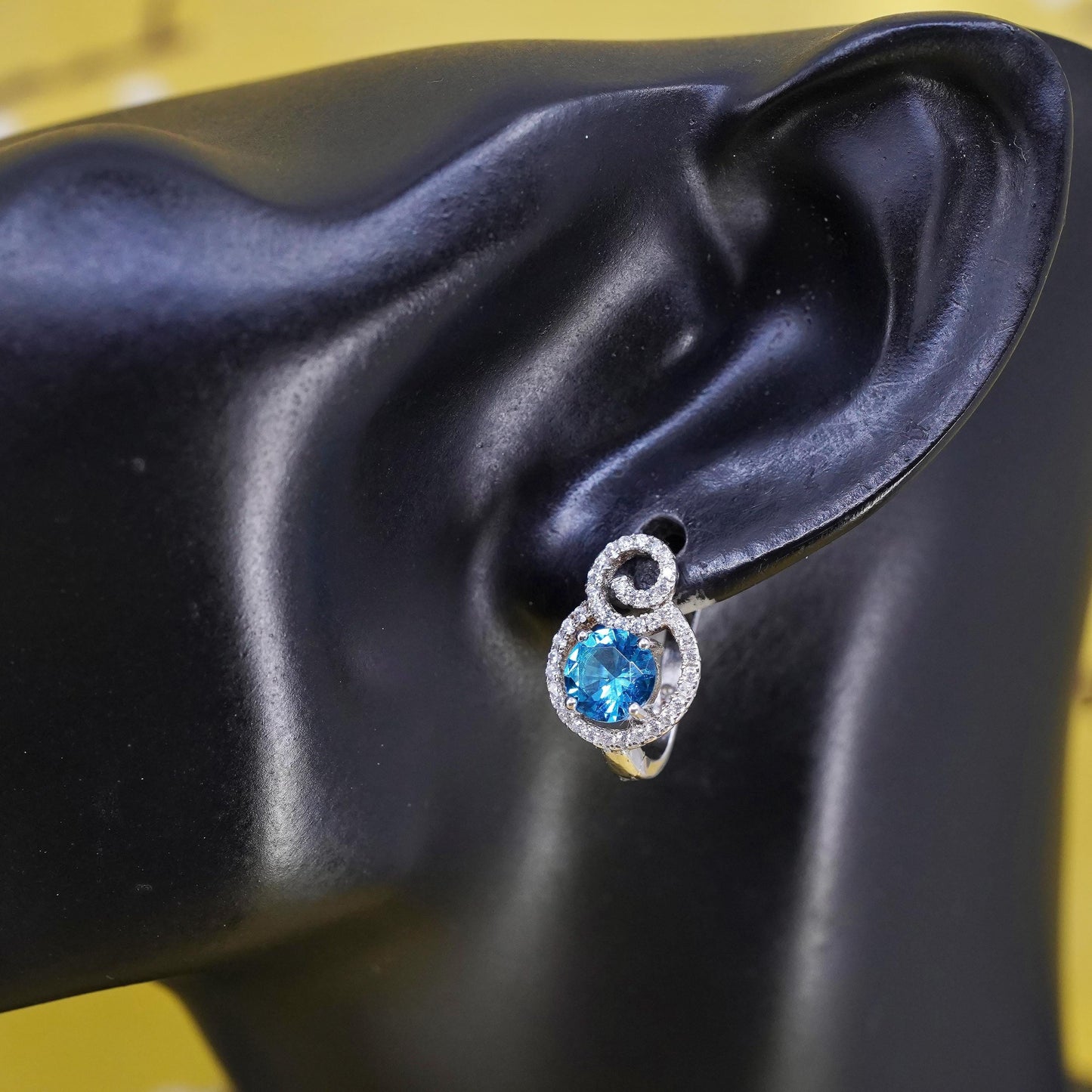 Vintage Sterling silver earrings, 925 Huggie hoops cluster cz blue crystal
