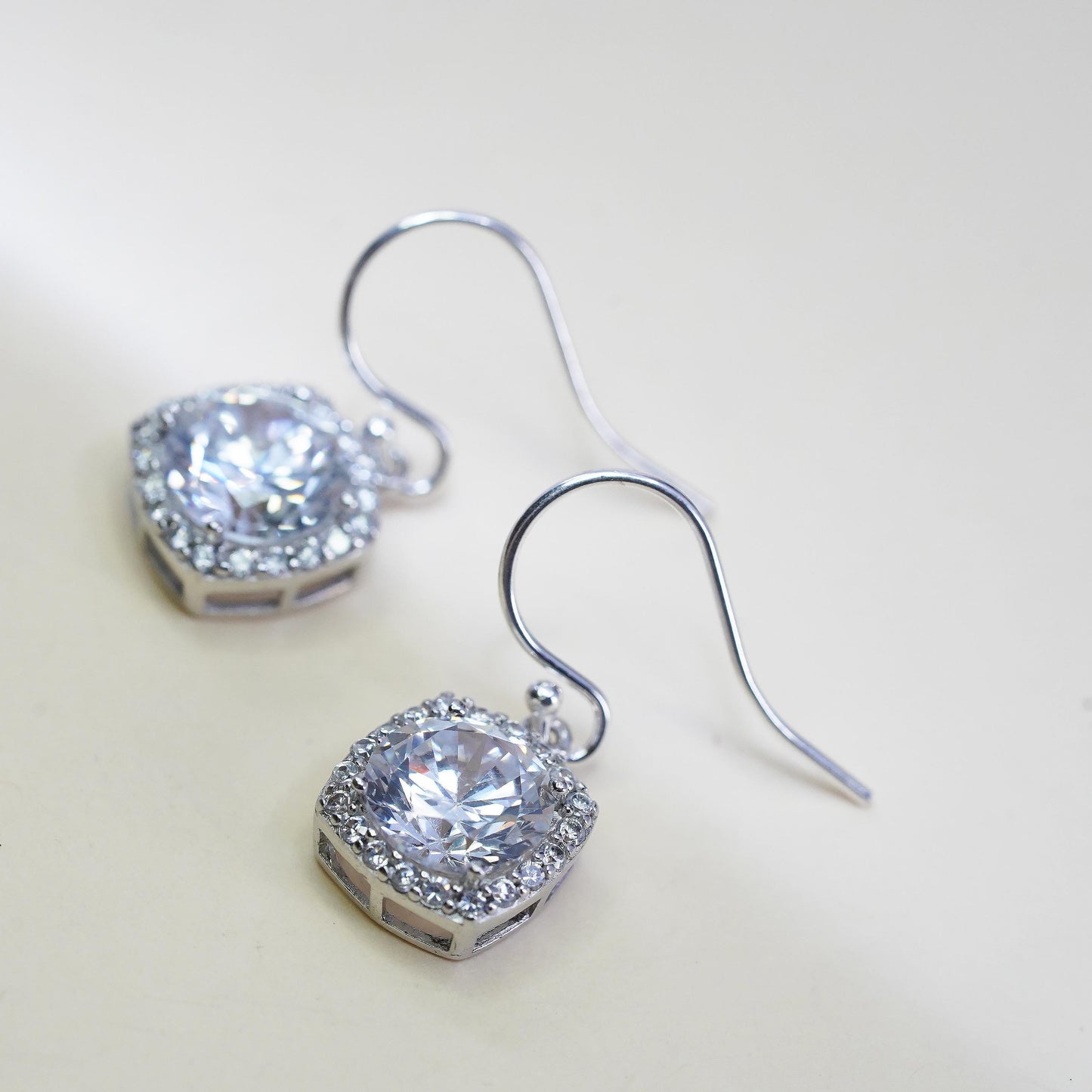 Vintage sterling silver handmade earrings, 925 silver square with cluster Cz