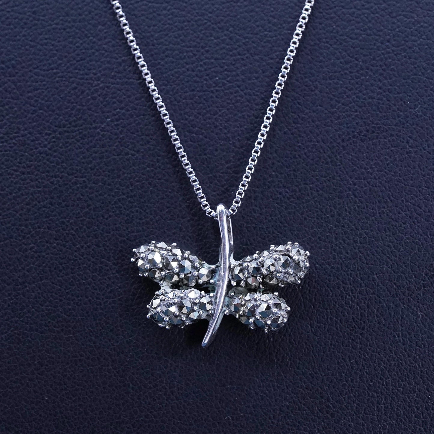 20", VTG Sterling silver necklace, 925 box chain marcasite butterfly pendant