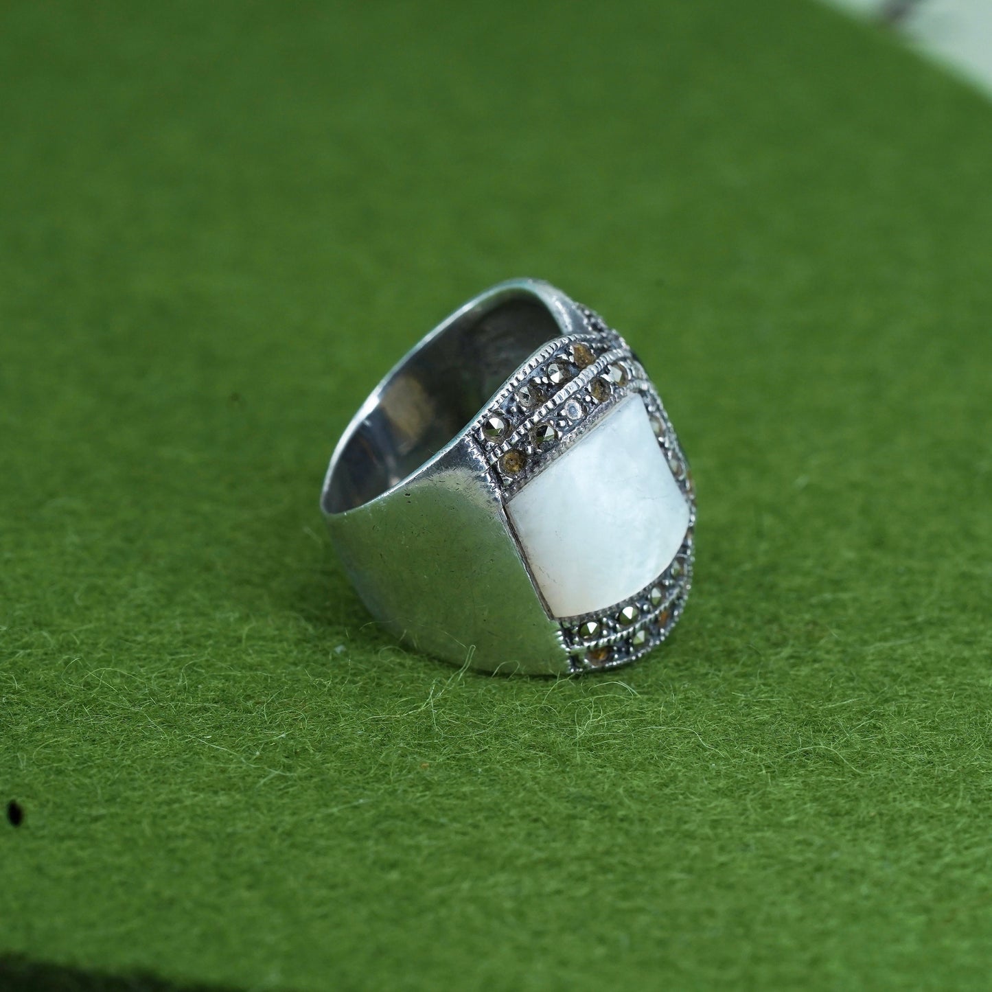 Size 7, Sterling 925 silver handmade ring w/ onyx mother of pearl and marcasite