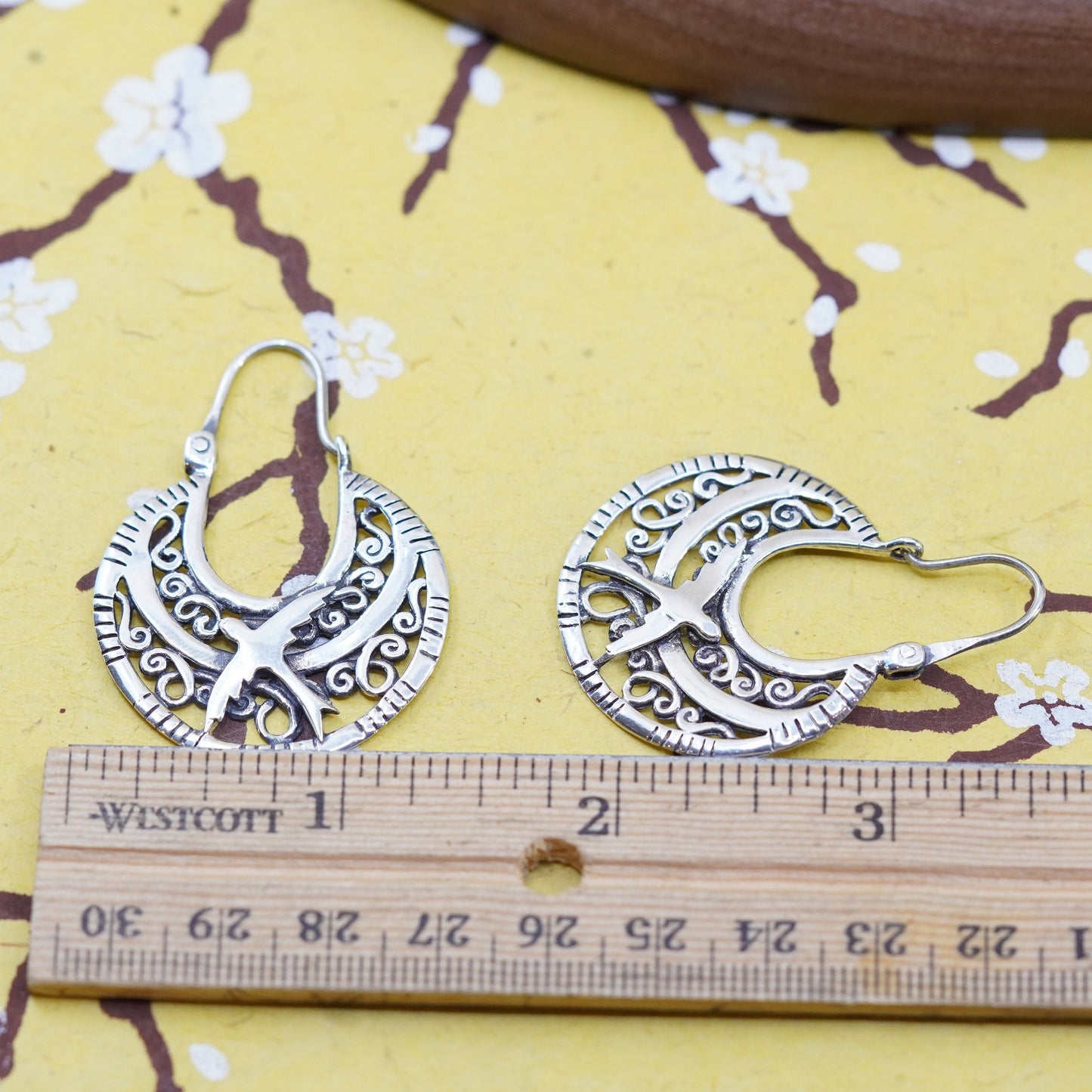 1”, vintage Sterling silver filigree hoop earrings, 925 handmade huggie w/ bird