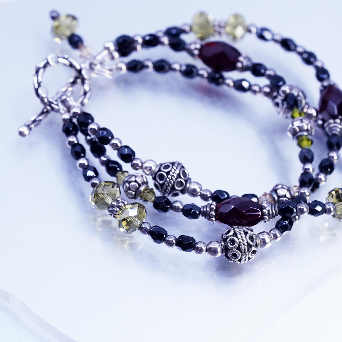 6.5”, VTG Sterling 925 silver multi strands bracelet citrine garnet onyx beads