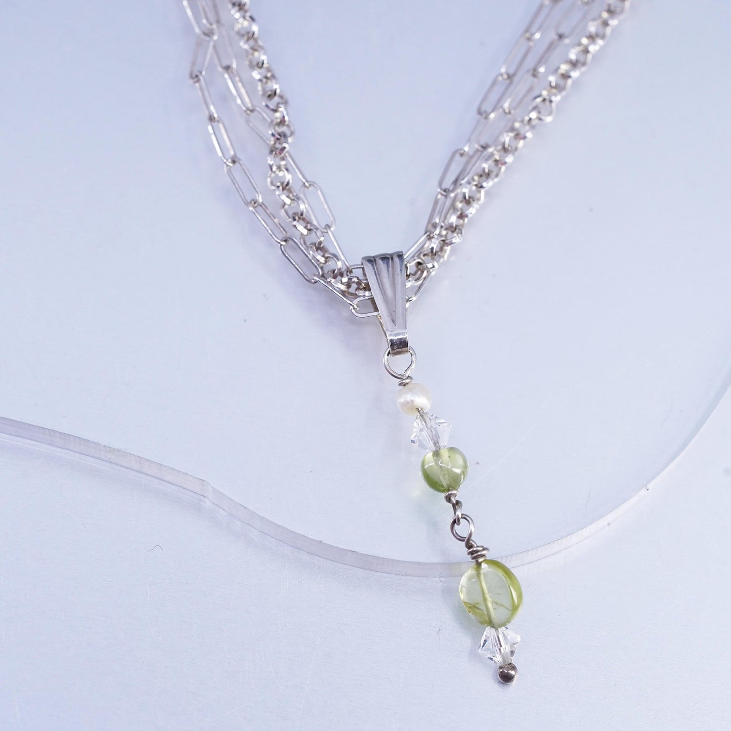 16+2" Sterling 925 silver multi strands elongated oval necklace peridot pendant