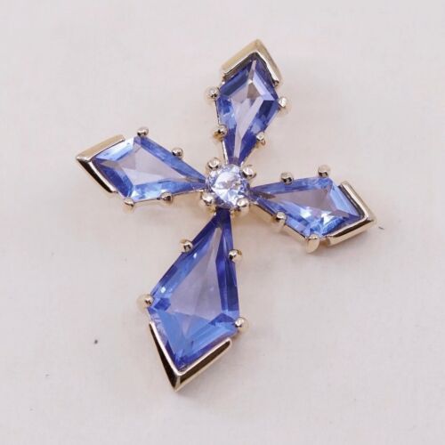 Vermeil gold over Sterling silver handmade pendant, 925 cross w/ Blue Cz