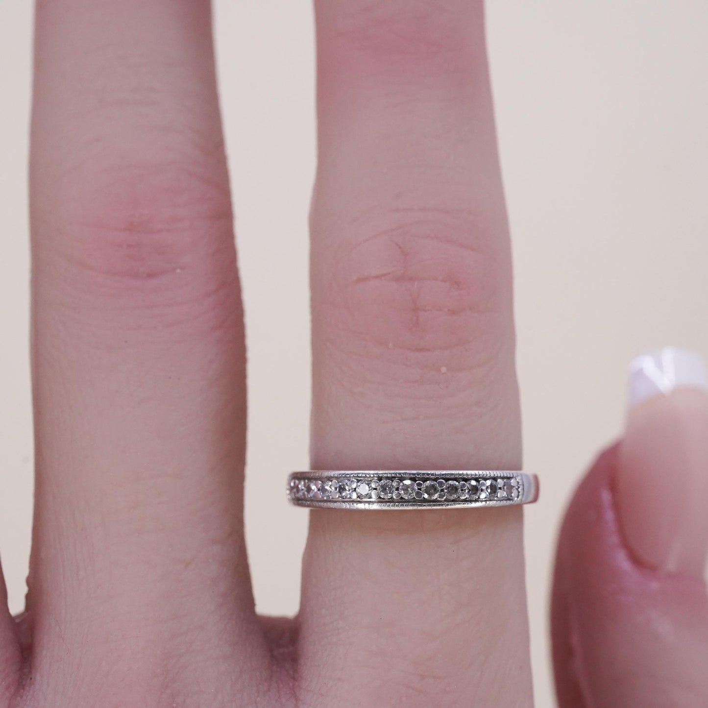 Size 7.25, vintage sterling 925 silver ring cluster CZ, stackable wedding band