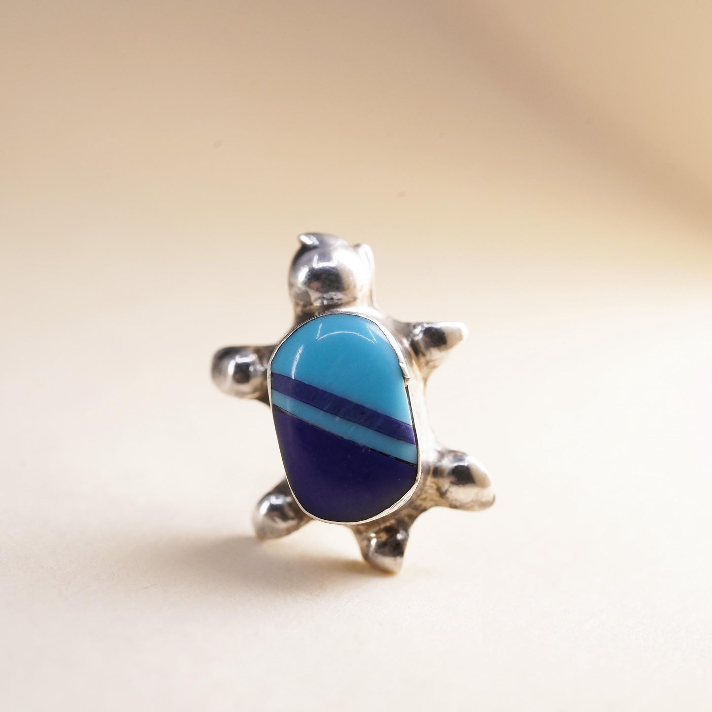 Vintage Sterling 925 silver handmade turtle stud with turquoise, single earring