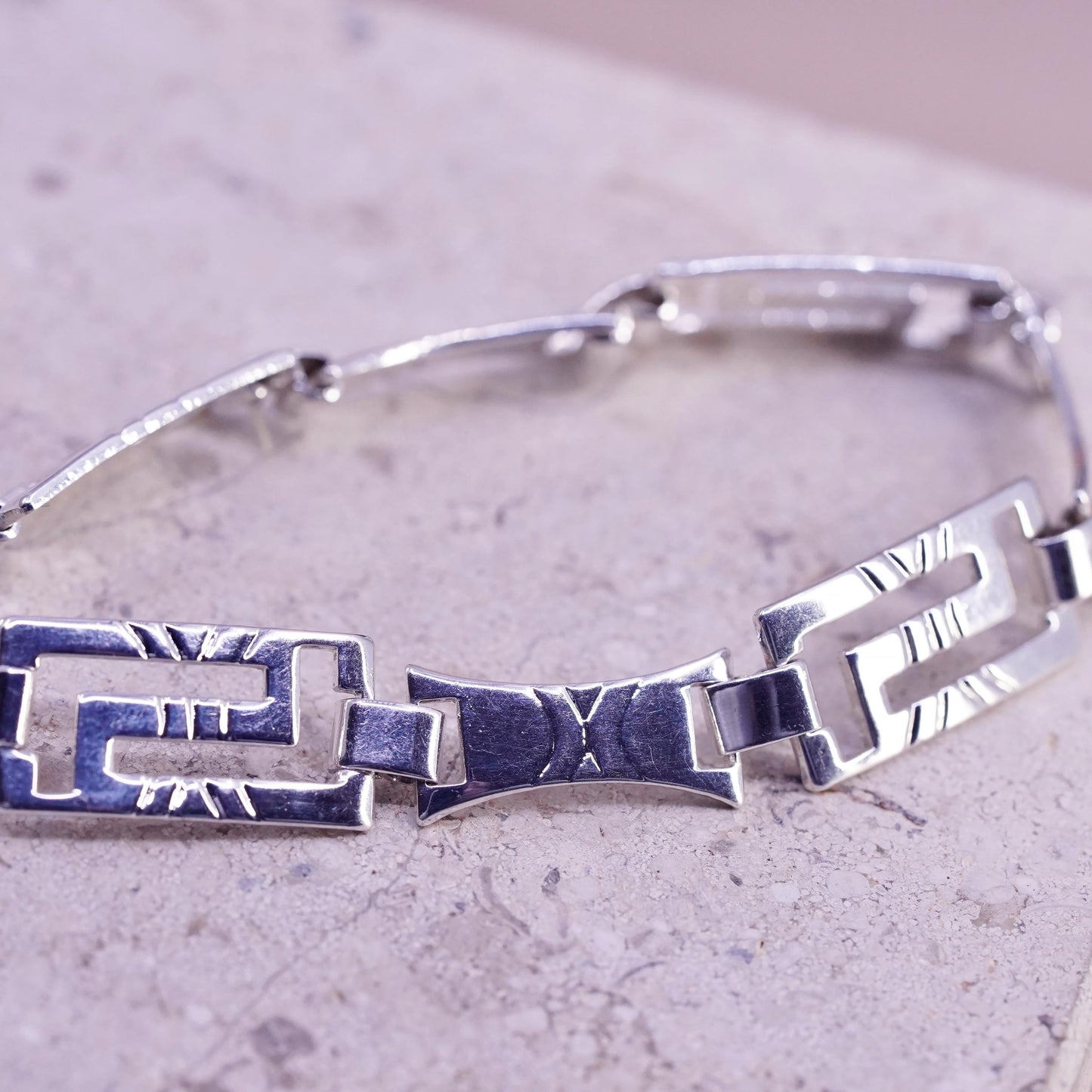7.5”, vintage Sterling silver tennis bracelet, 925 Greek key patterned link