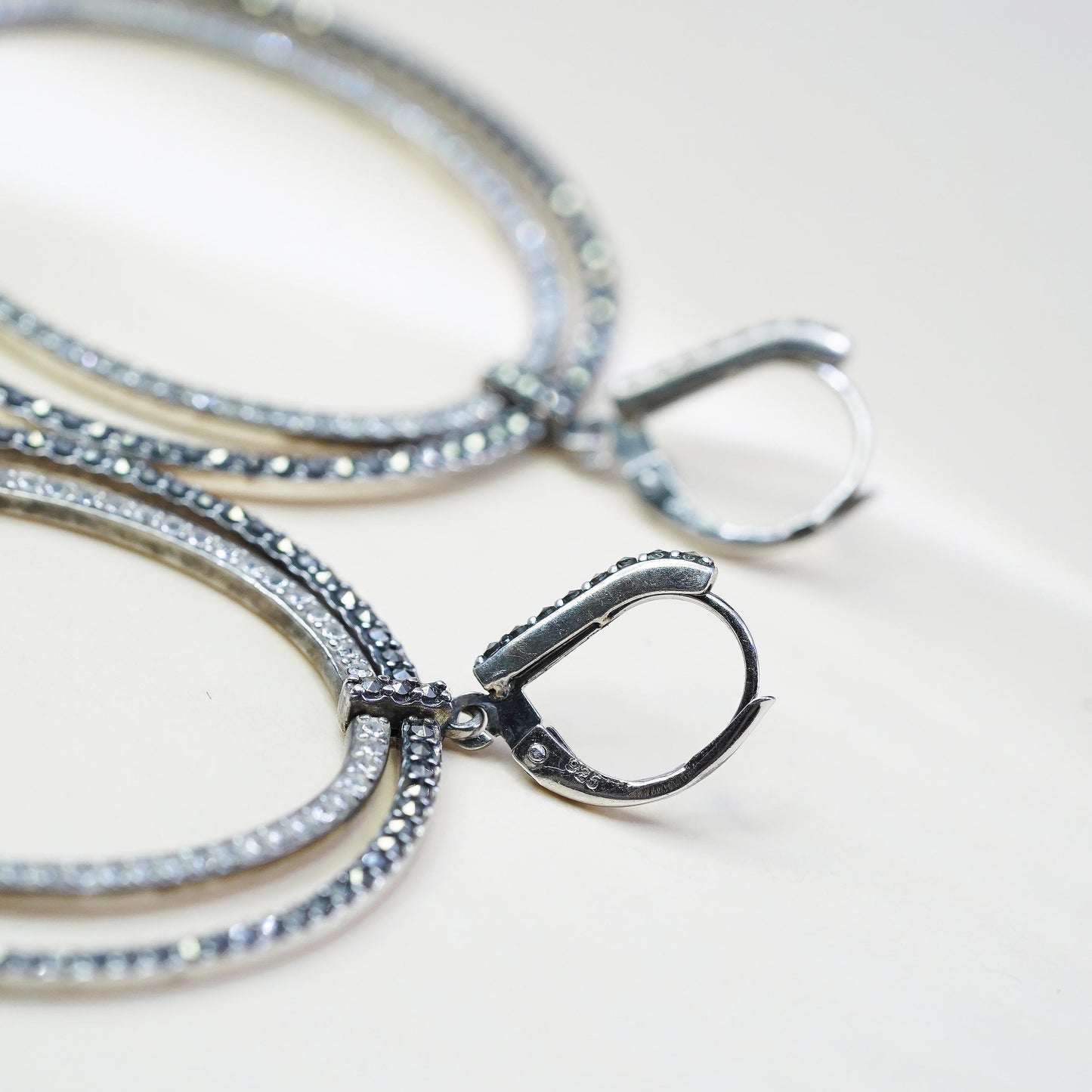 VTG Judith Jack 925 Sterling Silver Double Oval Hoops, Marcasite CZ Earrings