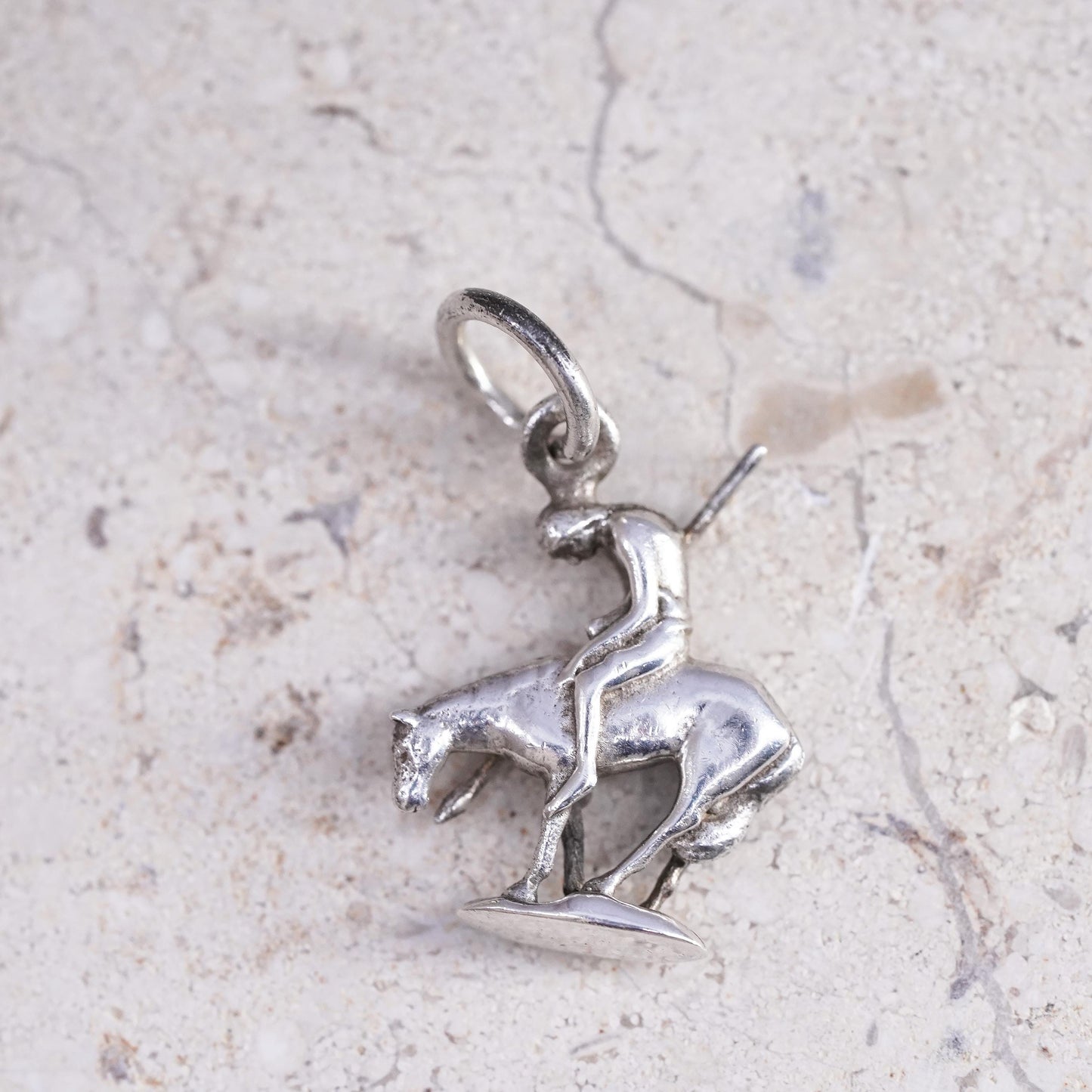 Vintage sterling silver handmade pendant, 925 tired horse and rider charm