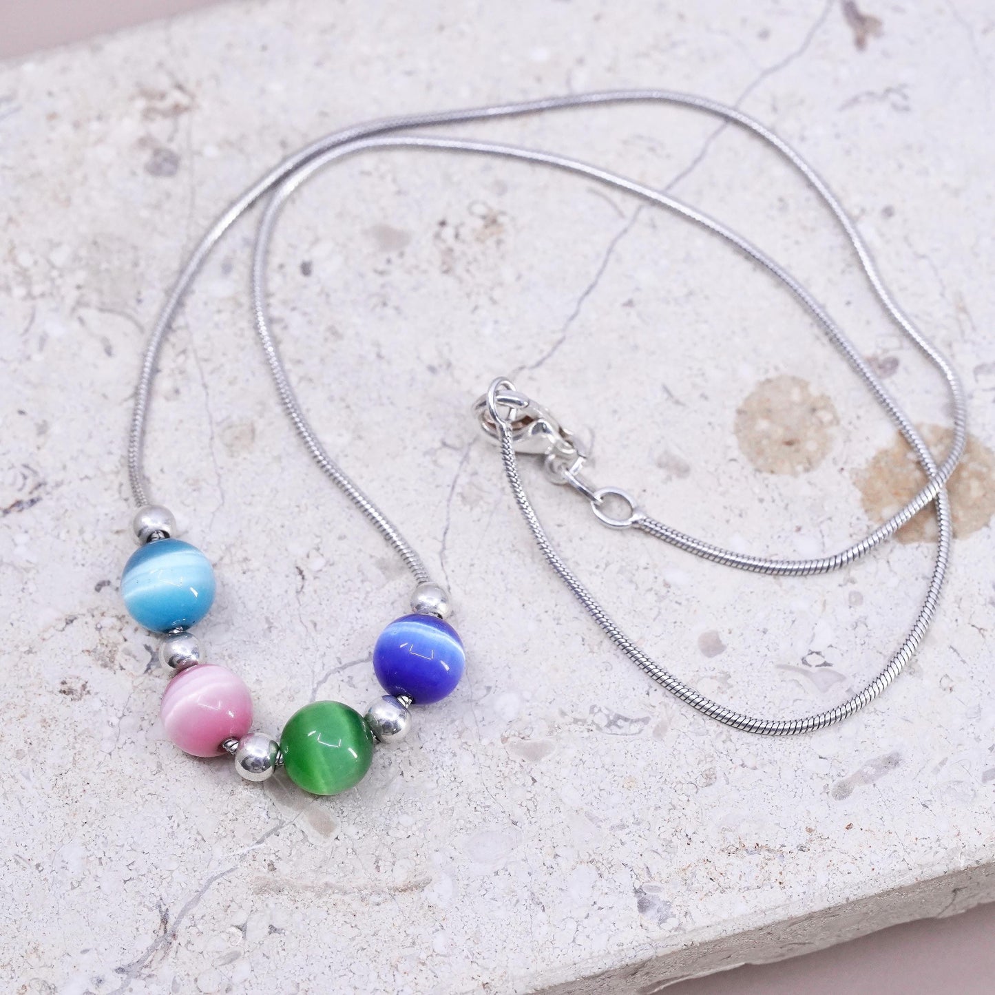 16", VTG Sterling silver necklace, 925 snake chain with colorful cat eye beads