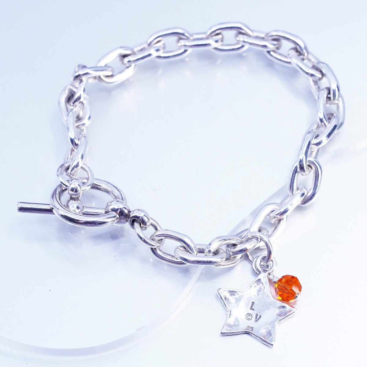 6.75", vintage Prochain Sterling silver bracelet, 925 bold oval star tag charm