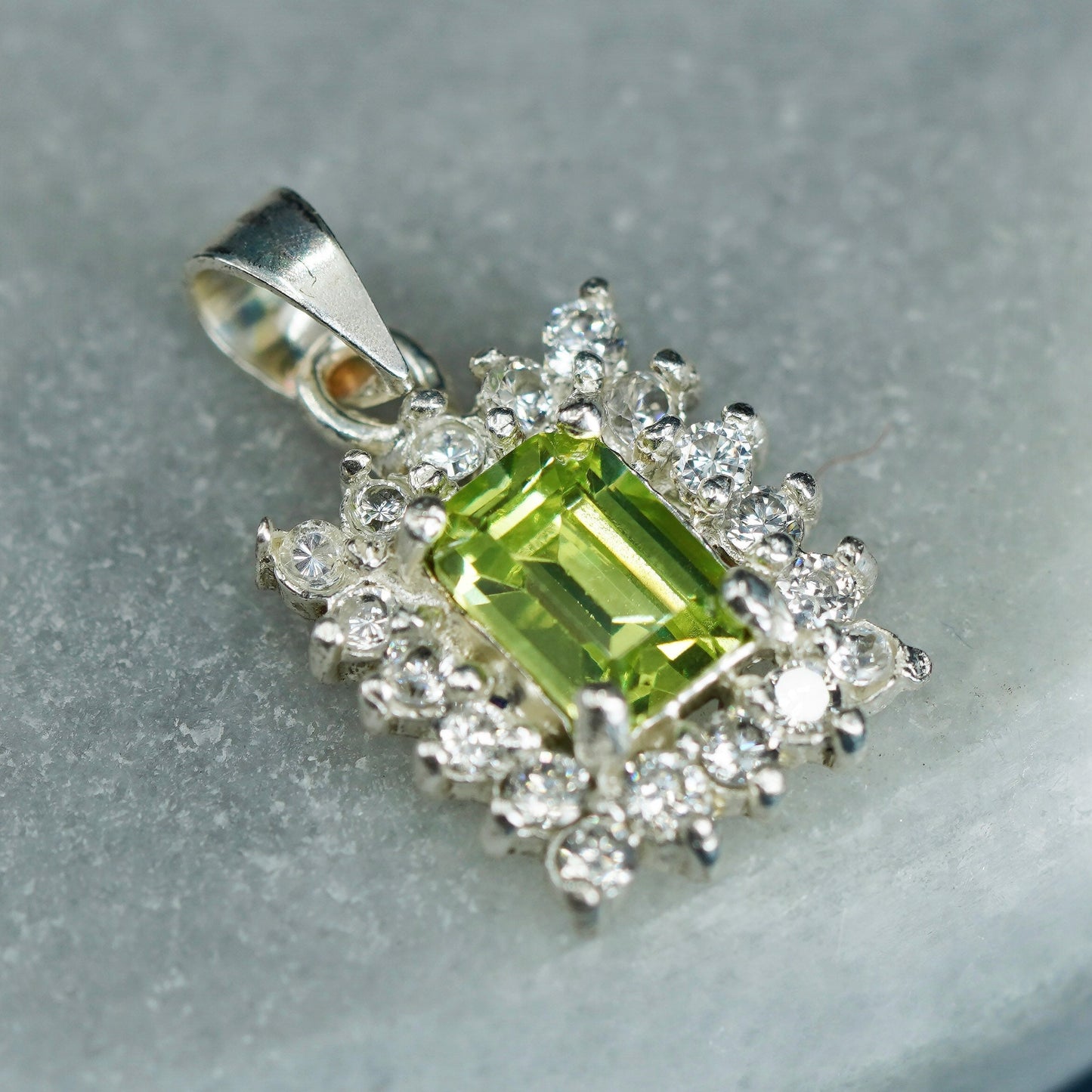 Vintage Sterling silver pendant, 925 rectangular with green crystal