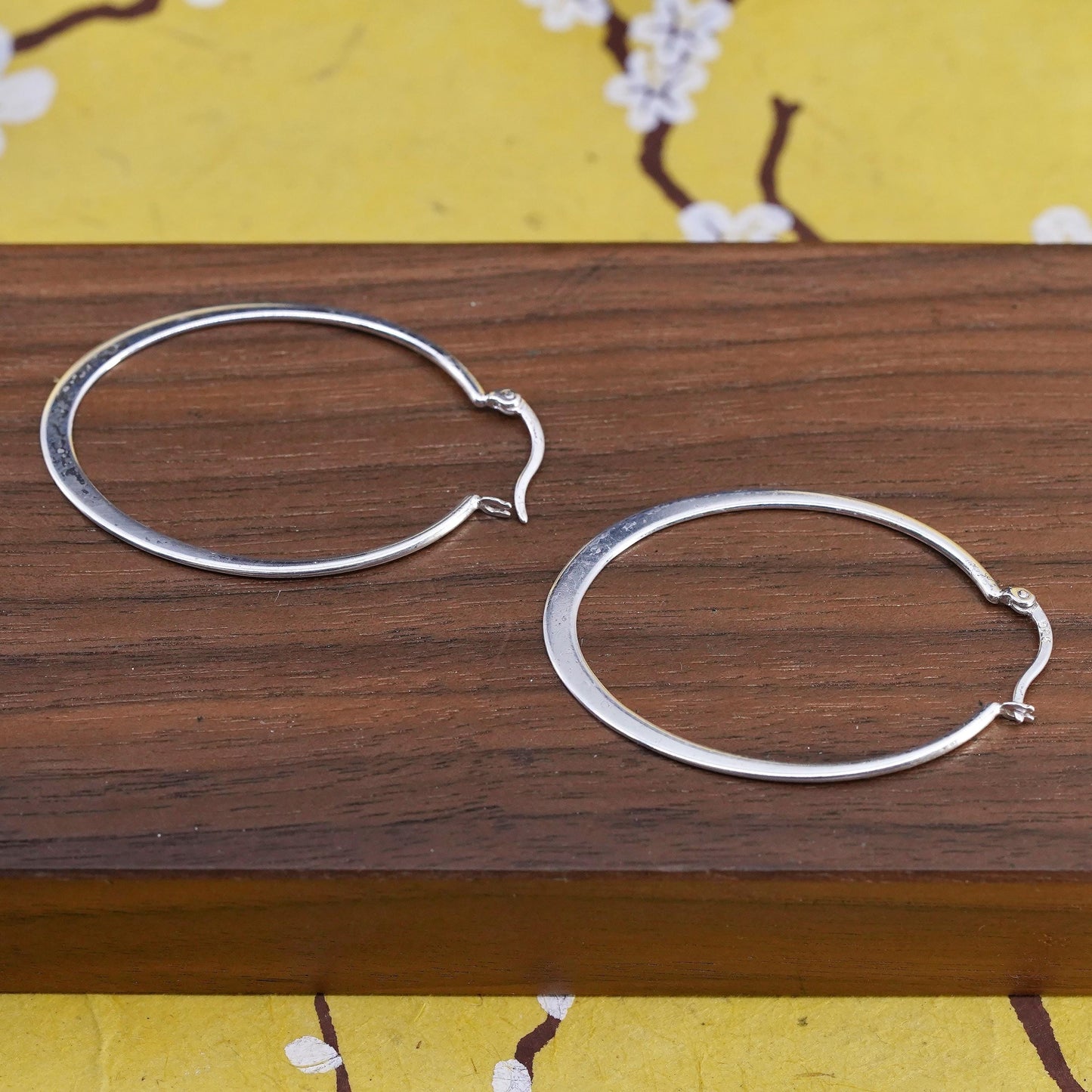 1.75", vintage Sterling silver handmade earrings, 925 flatten oval hoops